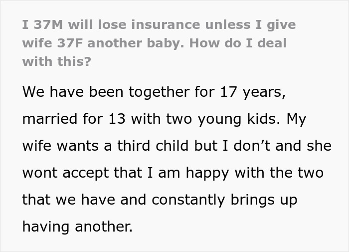 Wife Threatens To Drop Husband From Insurance Over His Vasectomy, He Considers Divorce Because Of It Wife Threatens To Drop Husband From Insurance Over His Vasectomy, He Considers Divorce Because Of It
