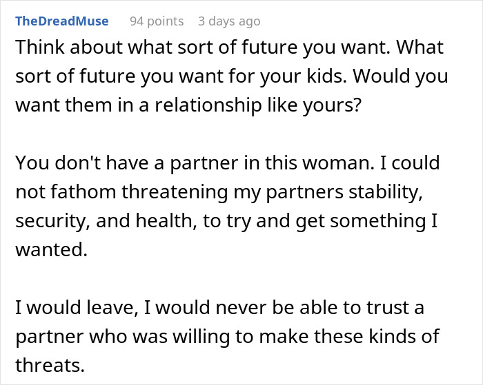 Wife Threatens To Drop Husband From Insurance Over His Vasectomy, He Considers Divorce Because Of It Wife Threatens To Drop Husband From Insurance Over His Vasectomy, He Considers Divorce Because Of It