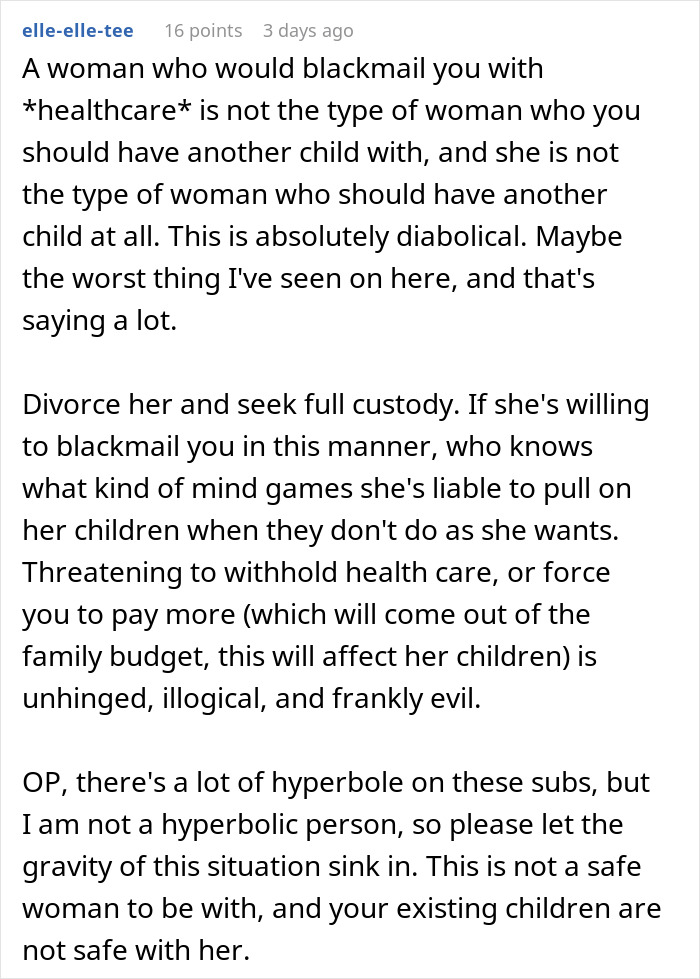 Wife Threatens To Drop Husband From Insurance Over His Vasectomy, He Considers Divorce Because Of It Wife Threatens To Drop Husband From Insurance Over His Vasectomy, He Considers Divorce Because Of It