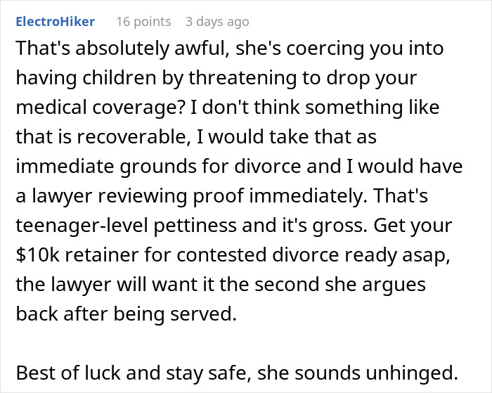 Wife Threatens To Drop Husband From Insurance Over His Vasectomy, He Considers Divorce Because Of It Wife Threatens To Drop Husband From Insurance Over His Vasectomy, He Considers Divorce Because Of It