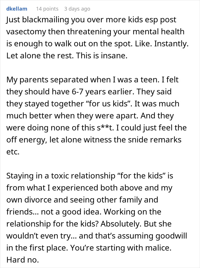 Wife Threatens To Drop Husband From Insurance Over His Vasectomy, He Considers Divorce Because Of It Wife Threatens To Drop Husband From Insurance Over His Vasectomy, He Considers Divorce Because Of It