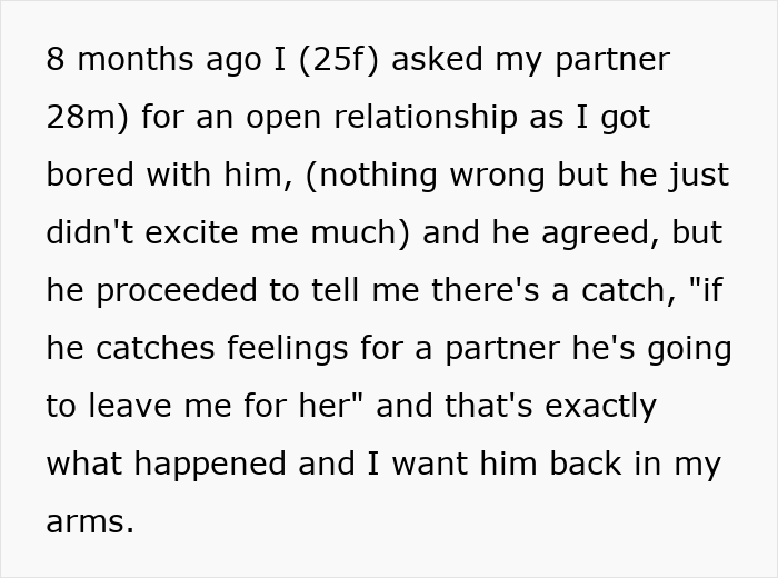 Woman Asks BF For Open Relationship Because She’s “Bored,” Regrets It When He Falls For Someone Else Woman Asks BF For Open Relationship Because She’s “Bored,” Regrets It When He Falls For Someone Else