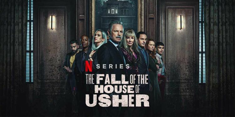 promotional poster for the Netflix gothic horror miniseries The Fall of the House of Usher promotional poster for the Netflix gothic horror miniseries The Fall of the House of Usher