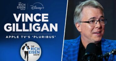 The image shows Vince Gilligan on an Apple Tv+ for an interview regarding his tv show Pluribus