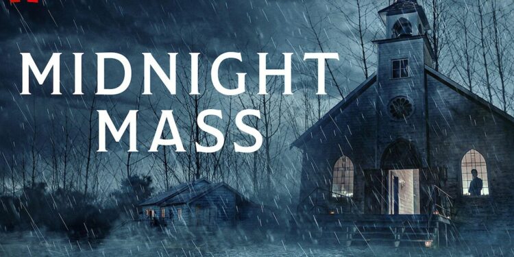 promotional title card and setting for the Netflix supernatural horror miniseries Midnight Mass promotional title card and setting for the Netflix supernatural horror miniseries Midnight Mass