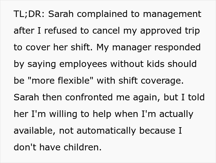 Mom Of Two Tries To Make Her Childcare Problem Her Coworker’s Responsibility, Balks At His Reaction Mom Of Two Tries To Make Her Childcare Problem Her Coworker’s Responsibility, Balks At His Reaction