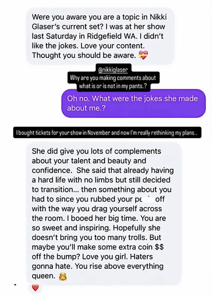 Trans Influencer Born Without Limbs Slammed Nikki Glaser Over An Inappropriate Joke, Exposing Her Private DMs Trans Influencer Born Without Limbs Slammed Nikki Glaser Over An Inappropriate Joke, Exposing Her Private DMs