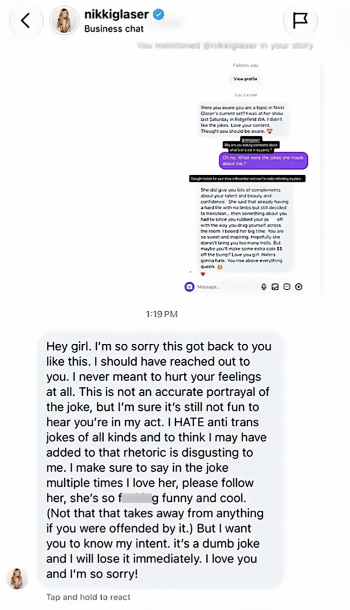 Trans Influencer Born Without Limbs Slammed Nikki Glaser Over An Inappropriate Joke, Exposing Her Private DMs Trans Influencer Born Without Limbs Slammed Nikki Glaser Over An Inappropriate Joke, Exposing Her Private DMs