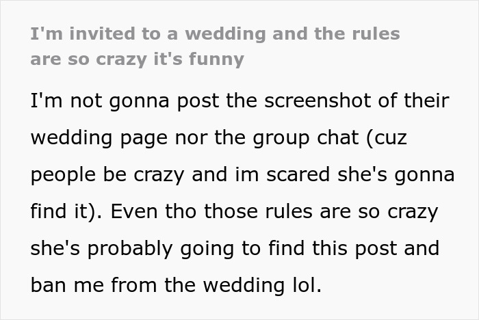 Bridezilla’s Wedding Rules Make Absolutely No Sense, Guest Wonders What Is Even Going On Bridezilla’s Wedding Rules Make Absolutely No Sense, Guest Wonders What Is Even Going On