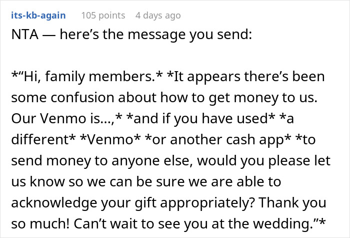 Aunt&rsquo;s Concerned Text Exposes MIL Who Seemed To Be Scamming Wedding Guests To Pay For Rehearsal Dinner