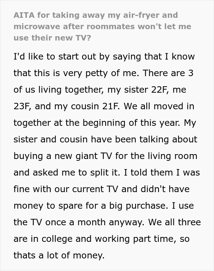 Woman Banned By Roommies From Watching TV, They Fume As She Takes Away Her Air Fryer And Microwave