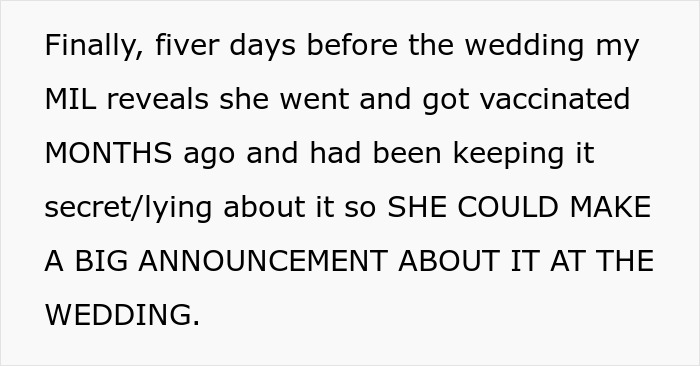 MIL Lies About Being Vaccinated For A “Big Announcement” At The Wedding MIL Lies About Being Vaccinated For A “Big Announcement” At The Wedding