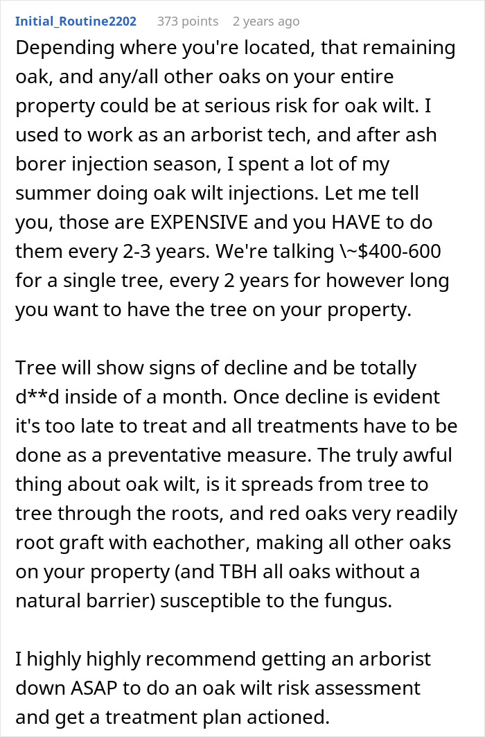 Entitled Neighbor Cuts Down Healthy 89-Year-Old Oak Without Asking, Demands To Split The $2,000 Cost