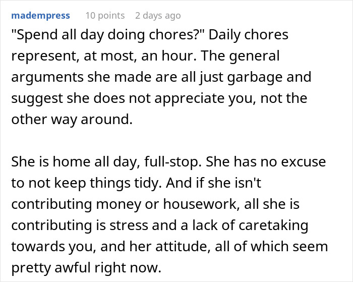 Unemployed Wife Refuses To Do Any Chores Because She’s Stressed