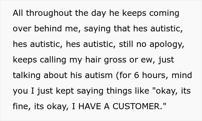 Coworker Insults Woman’s Hair, Then Spends Hours Blaming His Autism Instead Of Apologizing Coworker Insults Woman’s Hair, Then Spends Hours Blaming His Autism Instead Of Apologizing