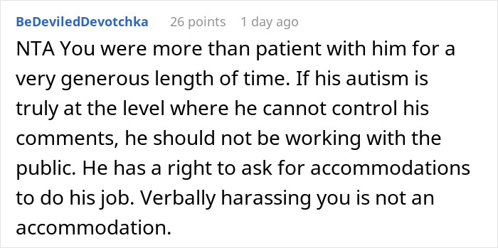 Coworker Insults Woman’s Hair, Then Spends Hours Blaming His Autism Instead Of Apologizing Coworker Insults Woman’s Hair, Then Spends Hours Blaming His Autism Instead Of Apologizing