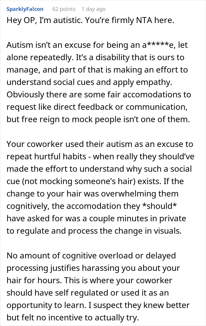 Coworker Insults Woman’s Hair, Then Spends Hours Blaming His Autism Instead Of Apologizing Coworker Insults Woman’s Hair, Then Spends Hours Blaming His Autism Instead Of Apologizing