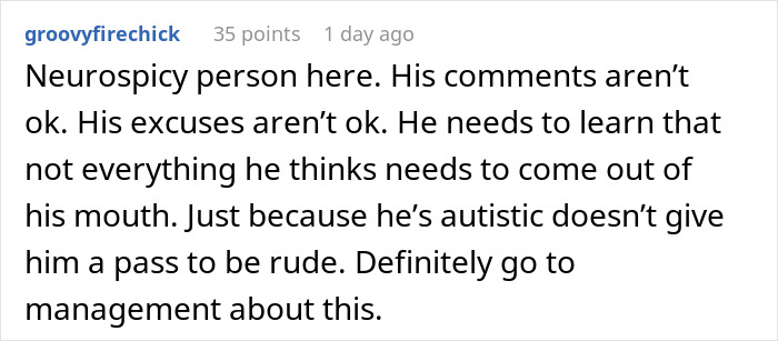 Coworker Insults Woman’s Hair, Then Spends Hours Blaming His Autism Instead Of Apologizing Coworker Insults Woman’s Hair, Then Spends Hours Blaming His Autism Instead Of Apologizing
