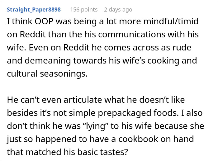 Man’s Dislike For Wife’s Cultural Cuisine Comes To Light, Changes Their Relationship Dynamic Man’s Dislike For Wife’s Cultural Cuisine Comes To Light, Changes Their Relationship Dynamic