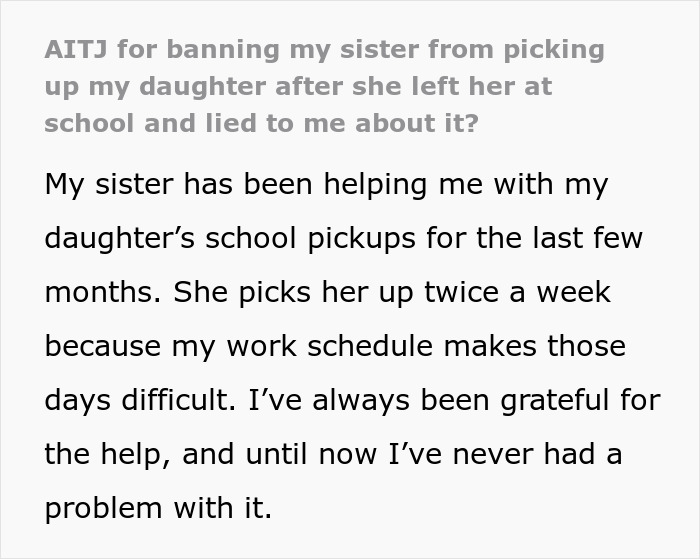 Aunt Leaves 8YO Niece Alone At School, Sends Sis A Payment Request For Past Favors After Getting Banned Aunt Leaves 8YO Niece Alone At School, Sends Sis A Payment Request For Past Favors After Getting Banned