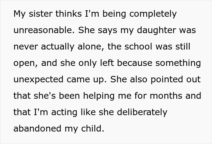 Aunt Leaves 8YO Niece Alone At School, Sends Sis A Payment Request For Past Favors After Getting Banned Aunt Leaves 8YO Niece Alone At School, Sends Sis A Payment Request For Past Favors After Getting Banned