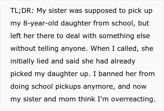 Aunt Leaves 8YO Niece Alone At School, Sends Sis A Payment Request For Past Favors After Getting Banned Aunt Leaves 8YO Niece Alone At School, Sends Sis A Payment Request For Past Favors After Getting Banned