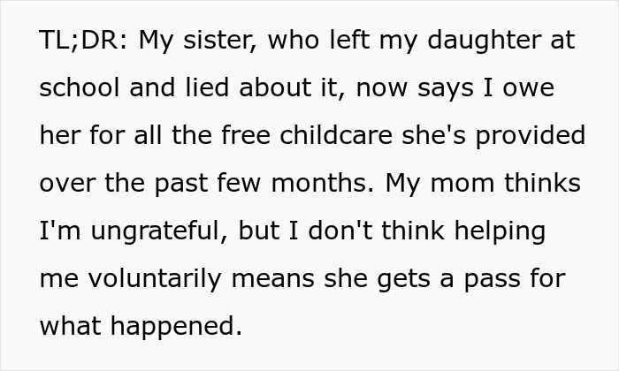 Aunt Leaves 8YO Niece Alone At School, Sends Sis A Payment Request For Past Favors After Getting Banned Aunt Leaves 8YO Niece Alone At School, Sends Sis A Payment Request For Past Favors After Getting Banned