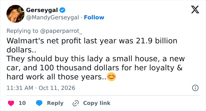 Walmart Employee Gayle Becomes Viral Poster Child For Workers’ Rage After They Discover Her Retirement Gift Walmart Employee Gayle Becomes Viral Poster Child For Workers’ Rage After They Discover Her Retirement Gift