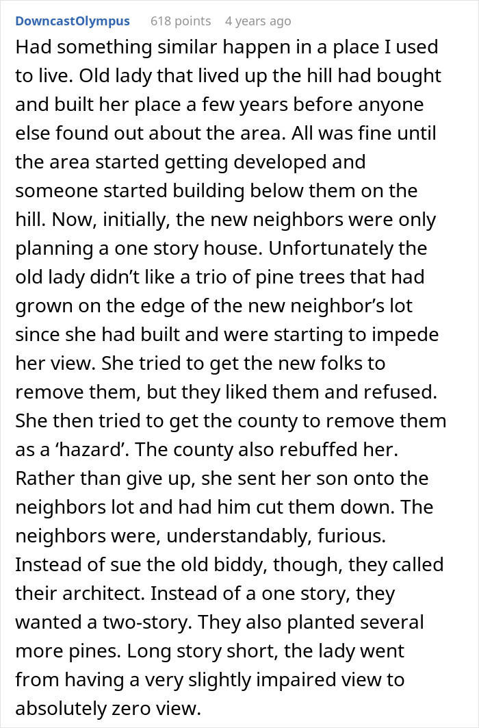 Neighbors Try To Sabotage Family&rsquo;s New Home To Save Their View, Avoid Them For 5 Years After It Fails