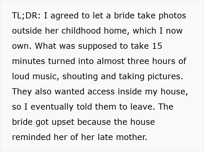Entitled Bride Takes Over Man’s Porch For Wedding Pics, Starts Crying When He Kicks Her Out Hours Later Entitled Bride Takes Over Man’s Porch For Wedding Pics, Starts Crying When He Kicks Her Out Hours Later