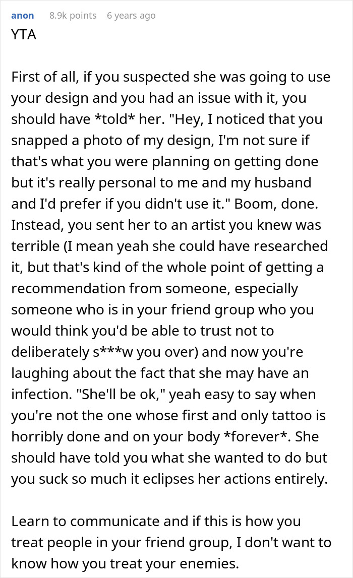 Woman Purposefully Tricks Friend To Go To A Bad Tattoo Artist, Laughs When It Gets Infected Woman Purposefully Tricks Friend To Go To A Bad Tattoo Artist, Laughs When It Gets Infected