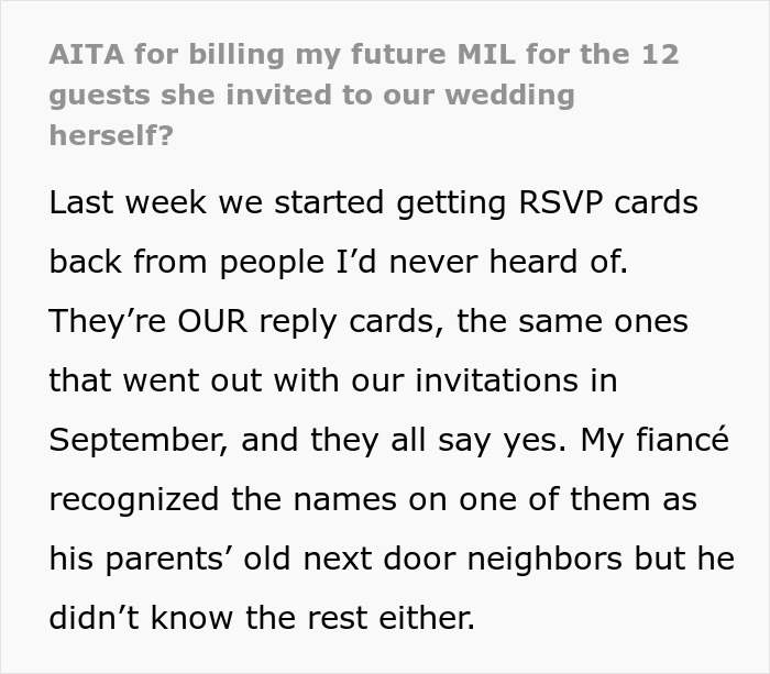 Woman Wants To Bill MIL After Her Surprise Wedding Guests No One Wanted Woman Wants To Bill MIL After Her Surprise Wedding Guests No One Wanted