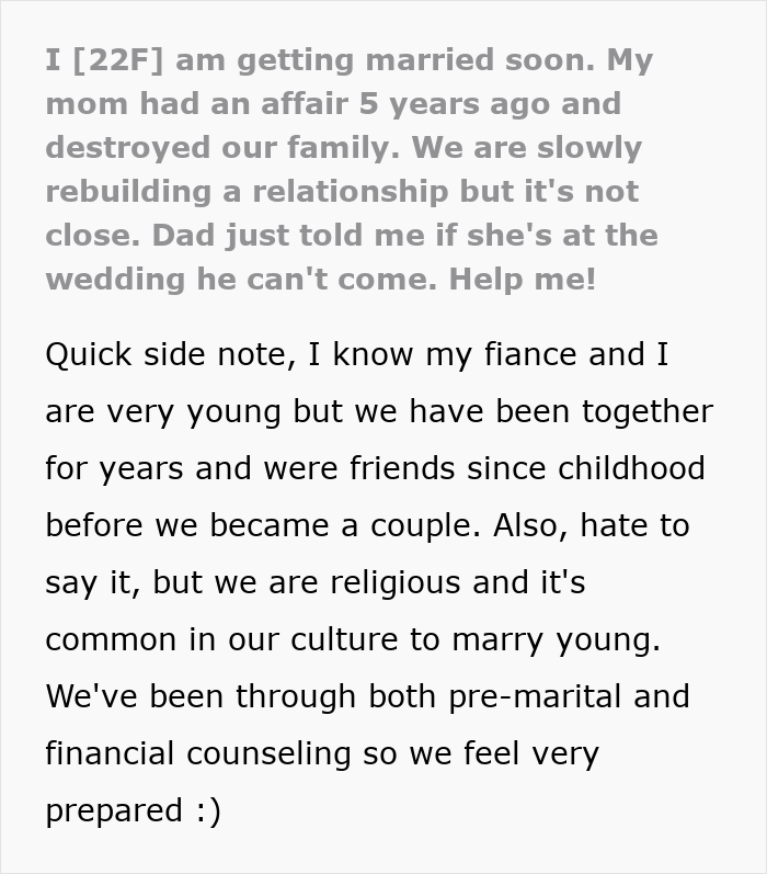 Dad Threatens To Skip Daughter’s Wedding If She Invites Cheater Mom, She’s Fed Up With Their Drama Dad Threatens To Skip Daughter’s Wedding If She Invites Cheater Mom, She’s Fed Up With Their Drama