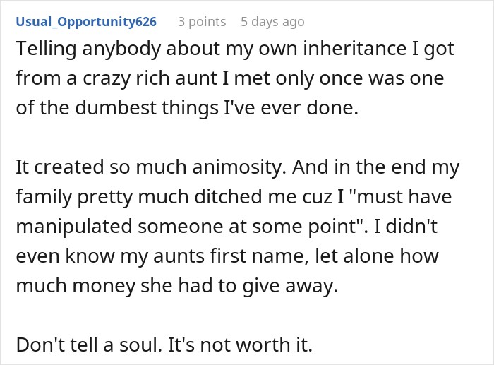 Woman Gets A Life-Changing Inheritance While Sis Gets A Fraction, Decides Her New Life Should Be A Secret Woman Gets A Life-Changing Inheritance While Sis Gets A Fraction, Decides Her New Life Should Be A Secret