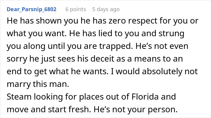 Man Thinks He’s Getting Married In 2 Weeks, Fiancé’s 3-Year Lie Has Him Packing His Bags Instead Man Thinks He’s Getting Married In 2 Weeks, Fiancé’s 3-Year Lie Has Him Packing His Bags Instead