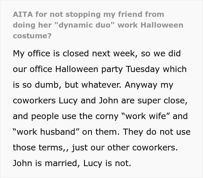 Wife Furious That Husband And ‘Work Wife’ Wear Matching Halloween Costumes Wife Furious That Husband And ‘Work Wife’ Wear Matching Halloween Costumes