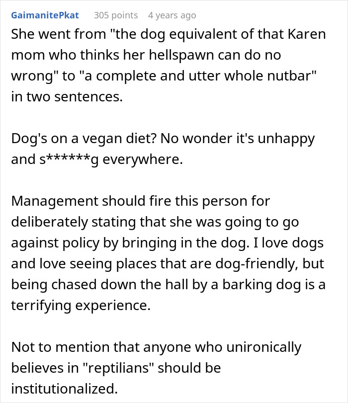 Hotel Tells Employee To Not Bring Untrained Dog To Work, She Calls Them “Satanic Reptilian Illuminati”