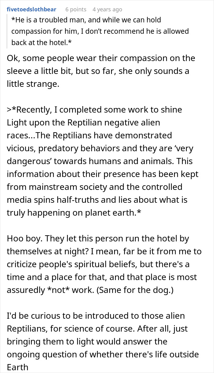 Hotel Tells Employee To Not Bring Untrained Dog To Work, She Calls Them “Satanic Reptilian Illuminati”